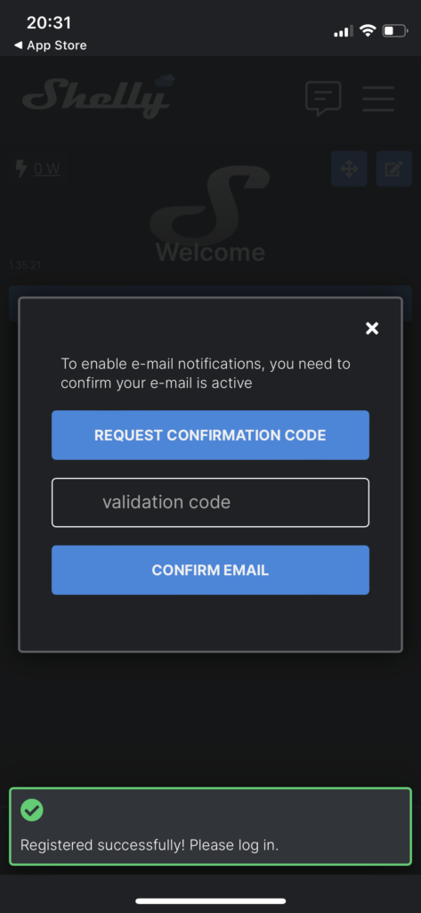 E-Mail Adresse für Shelly App bestätigen