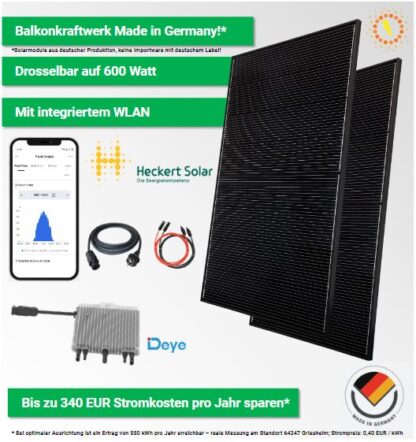 Balkonkraftwerk all black Heckert Solar 800 Watt Deye Mikro-Wechselrichter