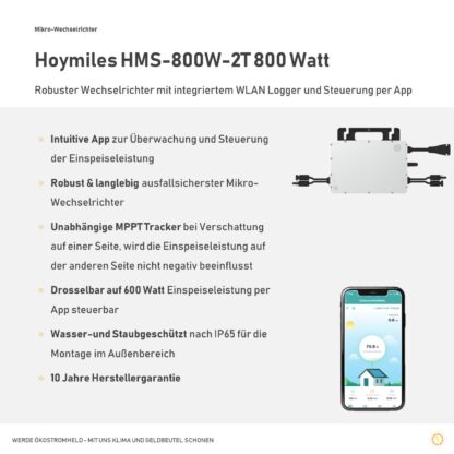 Hoymiles HMS-800W-2T Wechselrichter 800 Watt drosselbar auf 600 Watt mit WLAN und Steuerung per App