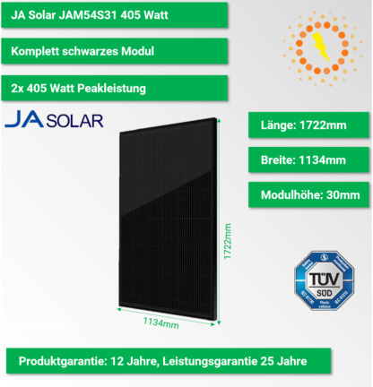 JA Solar Full Black JAM54S31 405 Watt Peak PERC Halbzellen-Modul
