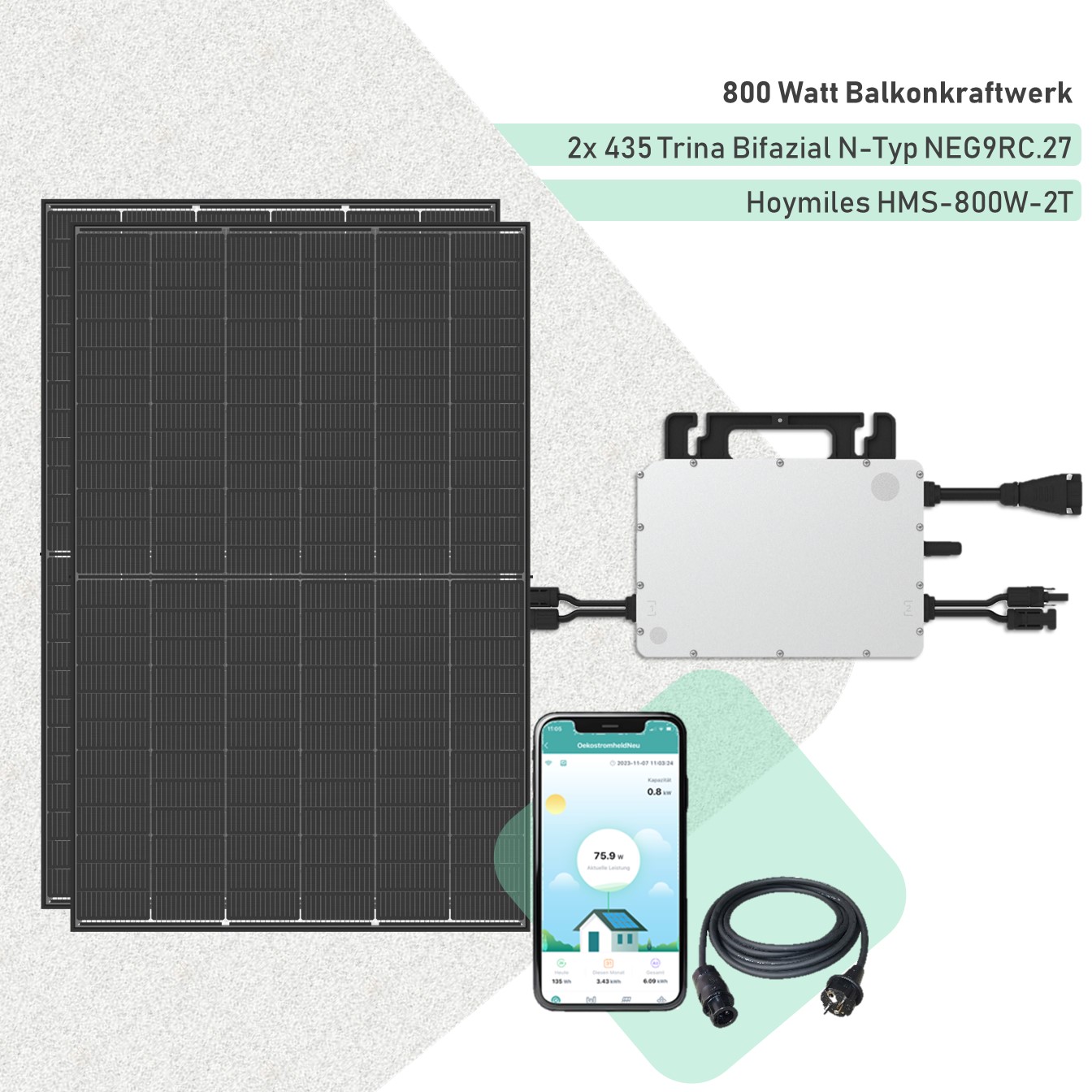 Produktbild von VALE Balkonkraftwerk 900 Wp Bifazial Full Black – Mit Marstek-M2-800 Wechselrichter, 5m AC-Kabel, Plug & Play