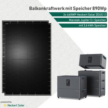 Balkonkraftwerk mit Speicher Marstek Jupiter C+ 890Wp Heckert Solar ZEUS 1.1
