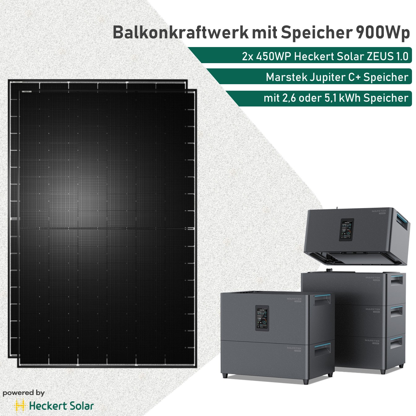 Balkonkraftwerk mit Speicher Marstek Jupiter C+ 900Wp Heckert Solar ZEUS 1.0