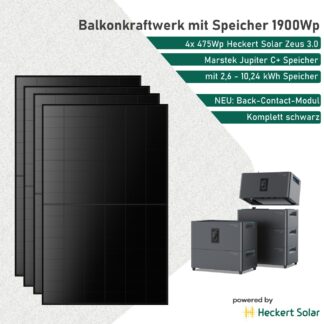 Balkonkraftwerk mit Speicher Marstek Jupiter C+ 1900Wp Heckert Solar ZEUS 3.0