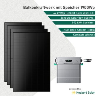 Balkonkraftwerk mit Speicher Zendure SolarFlow 800 Pro und Heckert Solar 1900 Wp Back-Contact Modulen