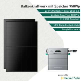Balkonkraftwerk mit Speicher Zendure SolarFlow 800 Pro und Heckert Solar 950Wp Glas-Glas Modulen