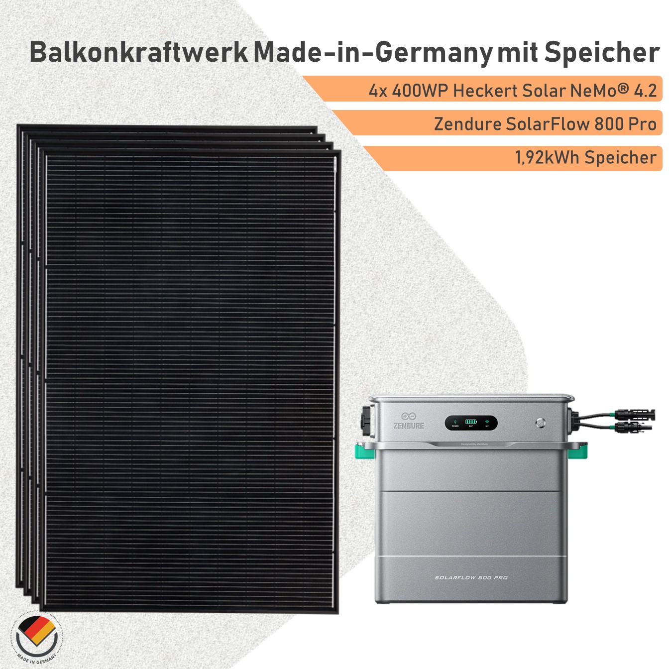 Balkonkraftwerk mit Speicher Zendure SolarFlow 800 Pro und Heckert Solar 1600Wp Solarmodulen Made-in-Germany