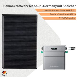 Balkonkraftwerk mit Speicher Zendure SolarFlow 800 Pro und 800Wp Solarmodulen Made-in-Germany
