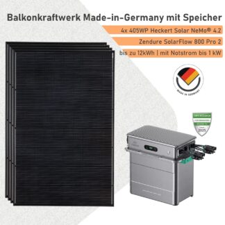 Balkonkraftwerk mit Speicher Zendure SolarFlow 800 Pro 2 und 1620Wp Solarmodulen Made-in-Germany