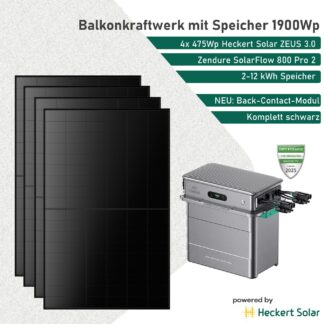 Balkonkraftwerk mit Speicher Zendure SolarFlow 800 Pro 2 und Heckert Solar 1900 Wp Back-Contact Modulen